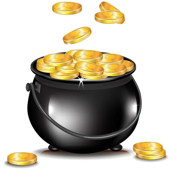 Χρυσά νομίσματα που υπάγονται σε μαύρη κατσαρόλα — Φωτογραφία Αρχείου