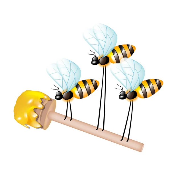 Holzdipper mit Honig, getragen von drei Bienen — Stockfoto