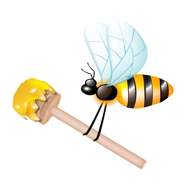 Wooden dipper with honey carried by bee — Stock Photo, Image