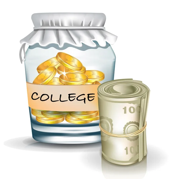 Банка с монетами; концепция сбережений в колледже — стоковое фото