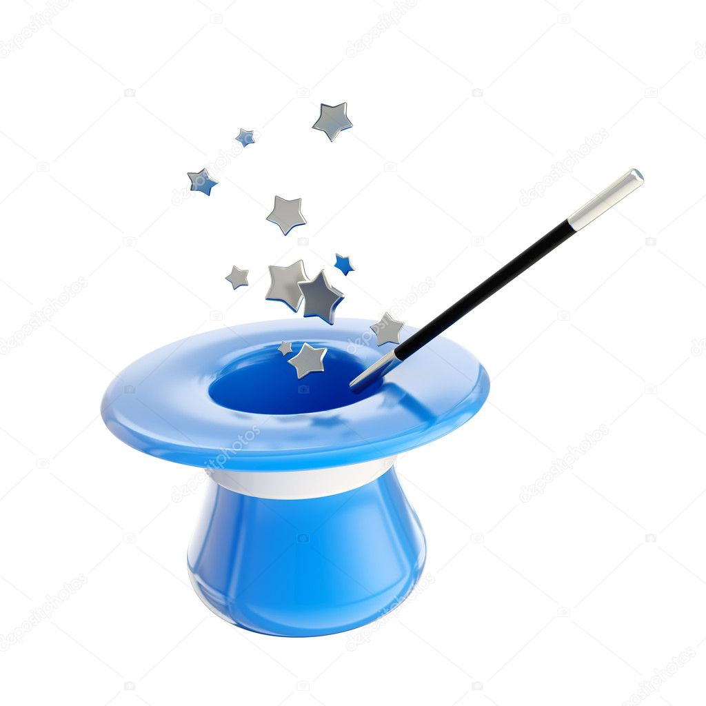 Magician hat and magic wand with stars