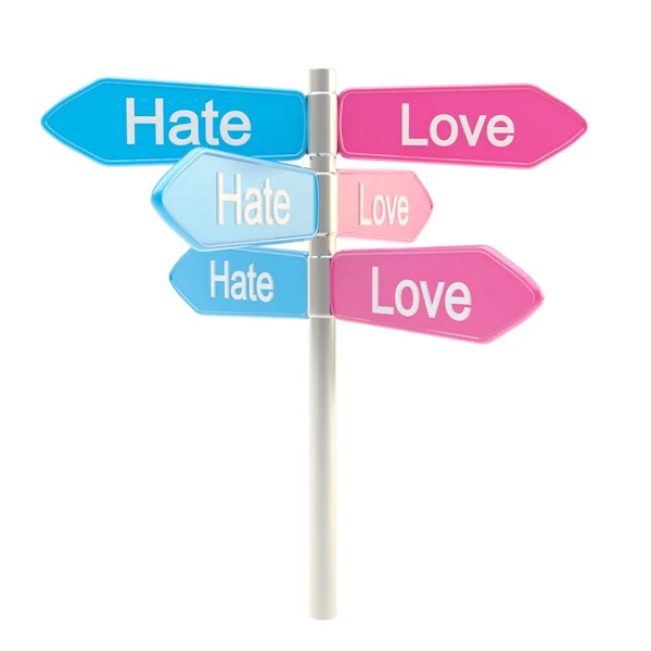 Nienawiść i miłość metafora jako znak drogowy — Zdjęcie stockowe