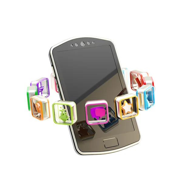 Teléfono móvil rodeado de aplicaciones Imagen de stock