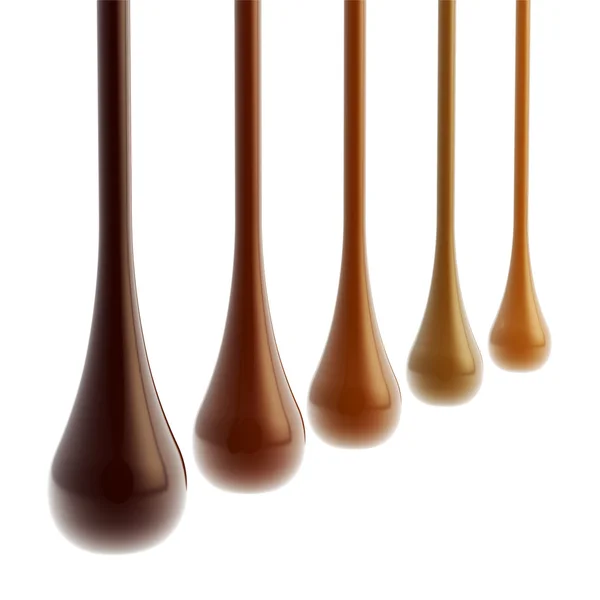 Five kinds of liquid chocolate glossy drops — Stock Photo, Image