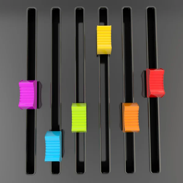 Painel misturador brilhante preto com controles deslizantes coloridos — Fotografia de Stock