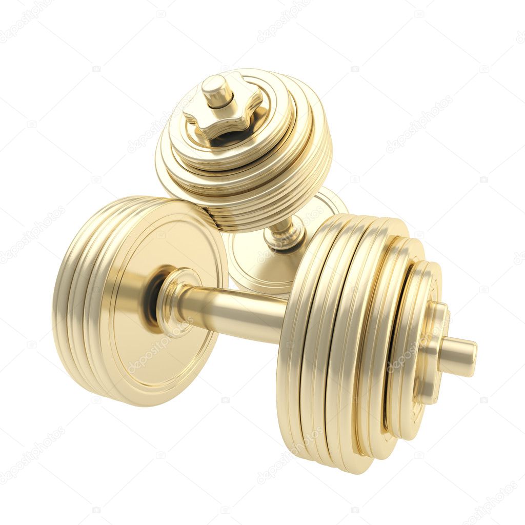 Golden dumbbells one on another isolated