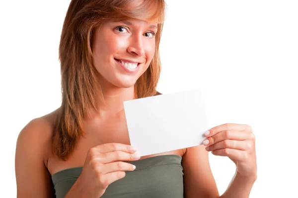 Женщина показывает чистую визитку — стоковое фото