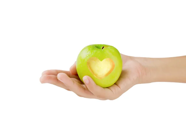 Zielone Jabłuszko z kształt serca — Zdjęcie stockowe
