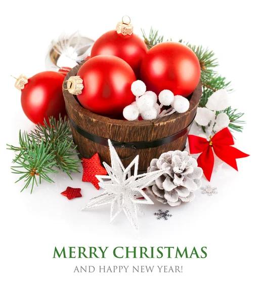 Christmas glitter med förgrena sig firtree och röda bollar — Stockfoto