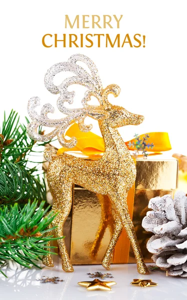 Christmas gold deer with branch firtree and gift — Stock Photo, Image