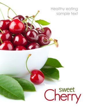 Fresh cherry berries with green leaf clipart