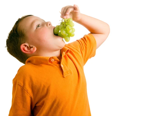 Conceito de alimentação saudável com criança comendo uvas isoladas em branco — Fotografia de Stock
