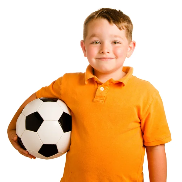 Criança feliz com bola de futebol isolada em branco — Fotografia de Stock