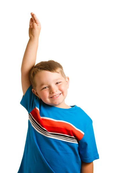 Regreso al concepto de educación escolar con retrato de niño levantando la mano aislado en blanco — Foto de Stock