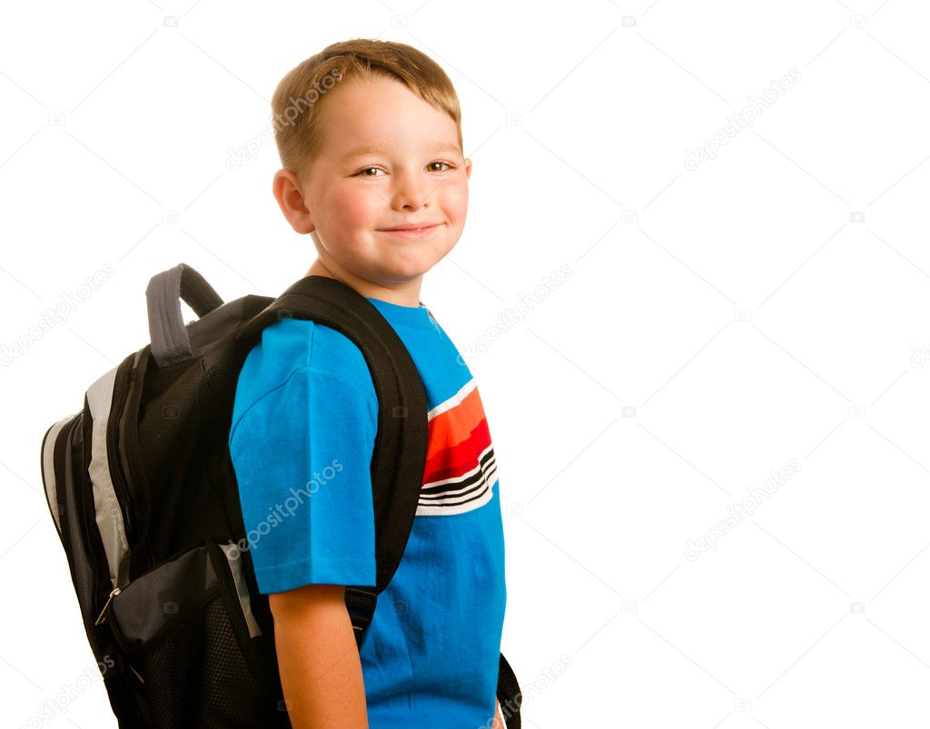Back to school education concept with portrait of child wearing backpack isolated on white