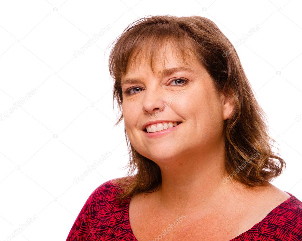 Portrait of smiling cheerful middle-aged woman isolated on white