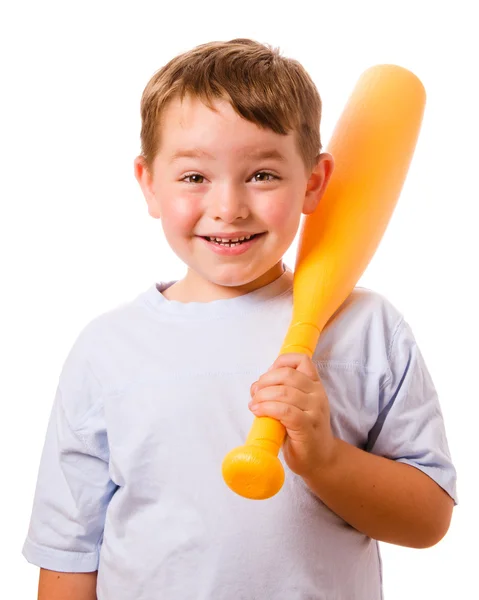 Sorrindo criança feliz com morcego de beisebol de brinquedo — Fotografia de Stock