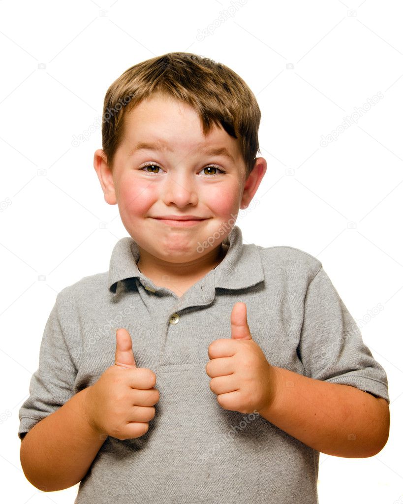 Portrait of confident child showing thumbs up isolated one white