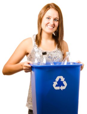 Smiling happy teenage girl taking out recycling isolated on white clipart