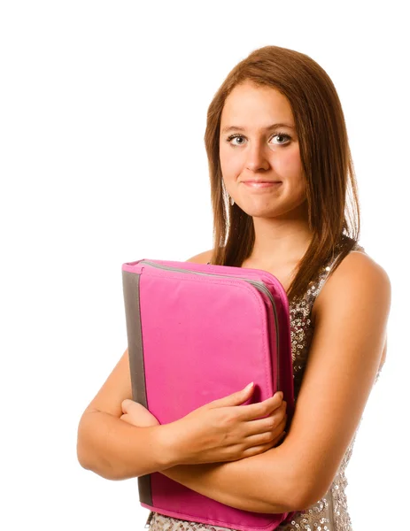 Portret nerwowy nieśmiały nastolatka z różowy spinacz lub gotowy na powrót do szkoły na białym tle notatnik — Zdjęcie stockowe