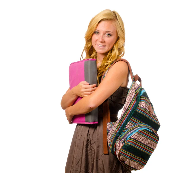 Портрет щасливої усміхненої школярки-підлітка з рюкзаком та зв'язувачем ізольовано на білому — стокове фото