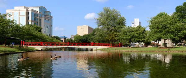 Panorámás városkép a downtown Huntsville, Alabama a nagy tavaszi Park — Stock Fotó
