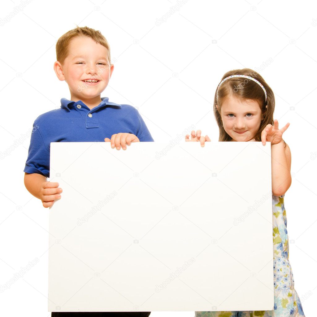 Portrait of children holding blank sign with room for text isolated on white