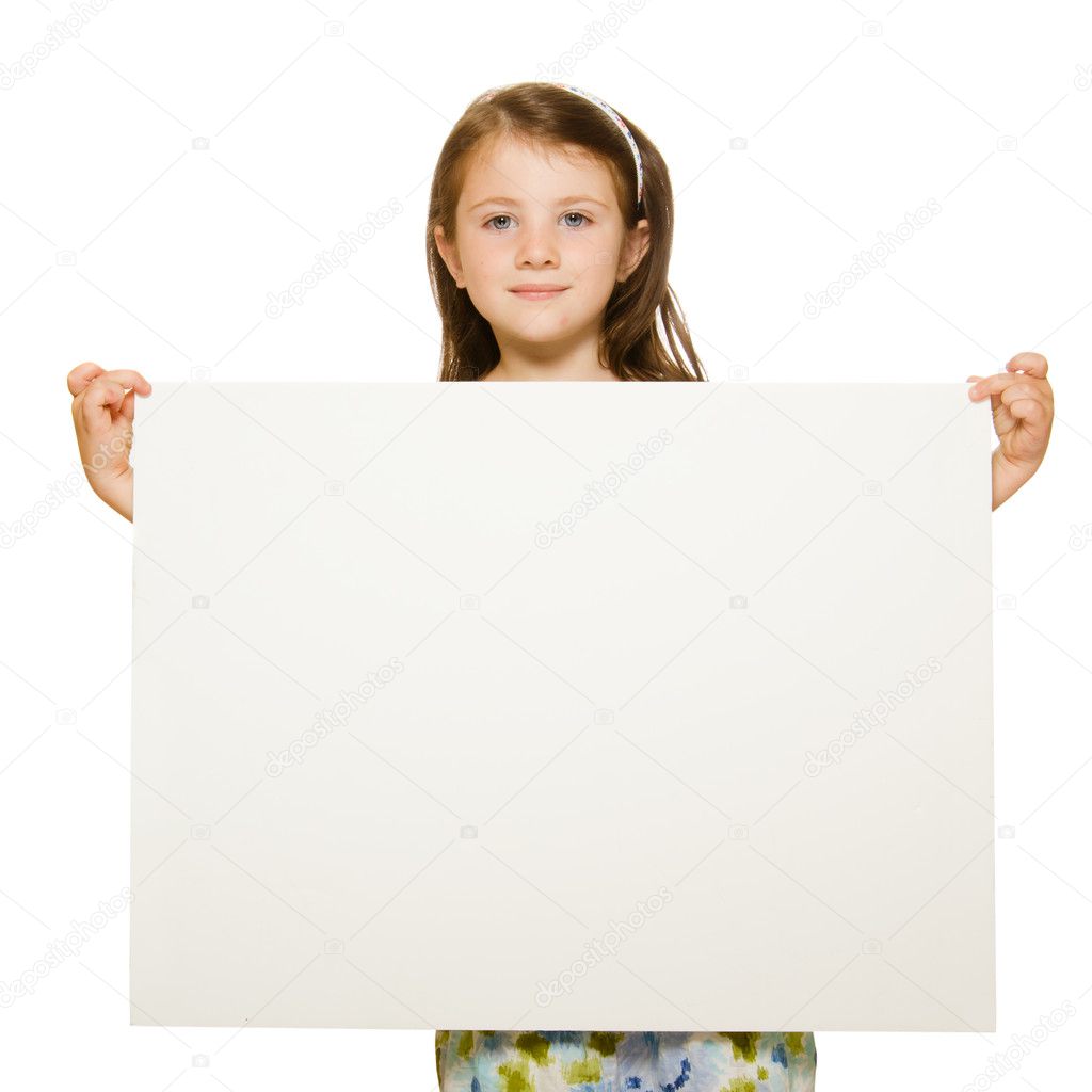 Portrait of a beautiful little girl holding blank sign with room for text Isolated on white background.
