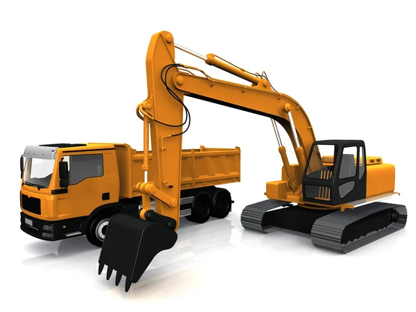 The excavator and truck — Stock Photo, Image