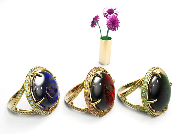 Ruby, emerald a safír prsteny — Stock fotografie