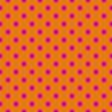 Retro seamless vector pattern with pink polka dots on orange background clipart