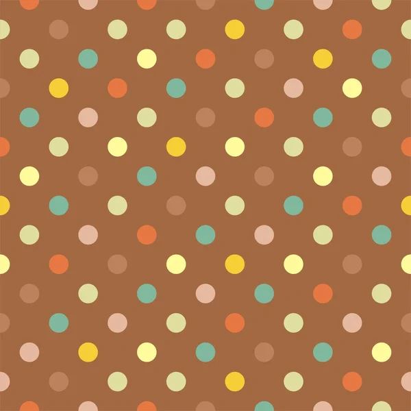 茶色の背景にカラフルな水玉のレトロなシームレスなベクター パターン — ストックベクタ
