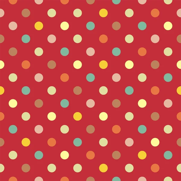 Fondo rojo oscuro patrón vectorial retro sin costuras con lunares de colores — Vector de stock