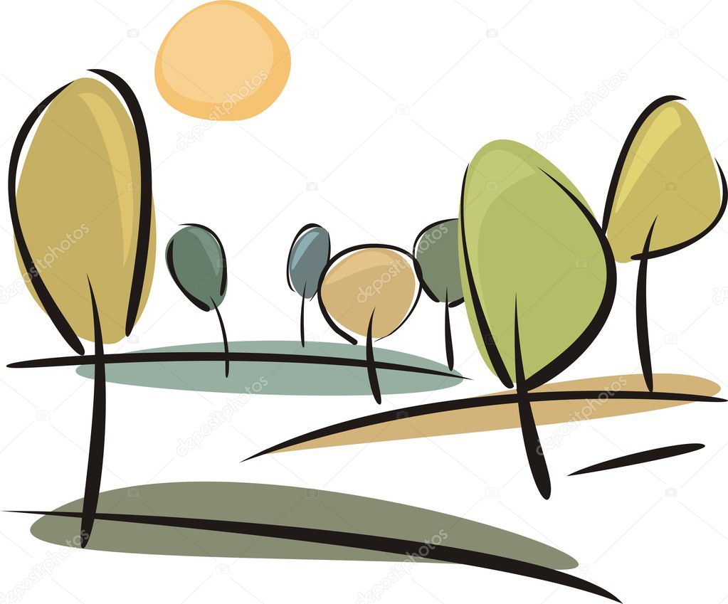 Vector hills with trees at sunny autumn day