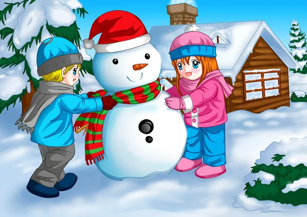 Crianças e boneco de neve — Fotografia de Stock
