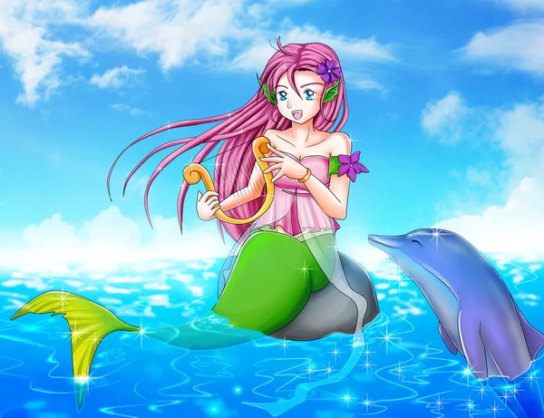 Meerjungfrau und Delfin — Stockfoto