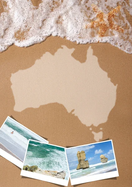 Australský texturou mapa v mokrém písku na pláži — Stock fotografie