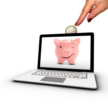 Woman's hand inserting a coin into a laptop clipart