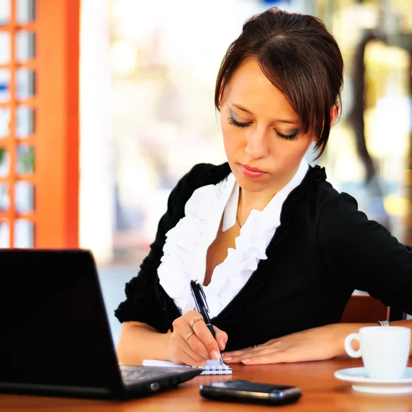 Бізнес-леді з ноутбуком робить деякі нотатки — стокове фото