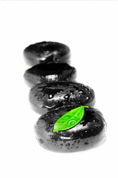 Zen stones and leaves with water drops — Stock Photo, Image