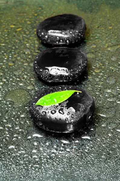 Piedras Zen y hojas con gotas de agua —  Fotos de Stock