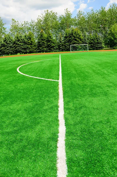 緑のサッカー フィールドに白のストライプ — ストック写真