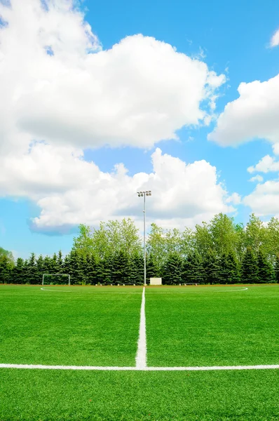 緑のサッカー フィールドに白のストライプ — ストック写真
