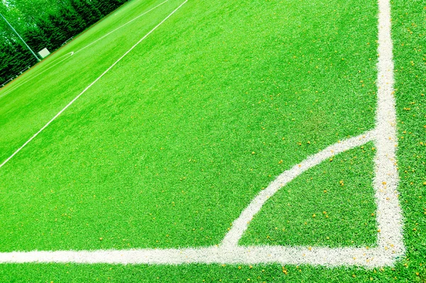 Yeşil futbol sahası üzerinde beyaz şerit — Stok fotoğraf