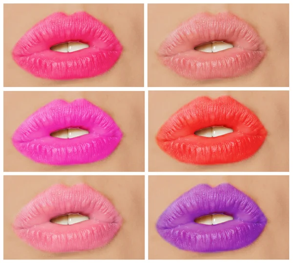 Colagem com imagens de close-up de lábios coloridos de mulher — Fotografia de Stock