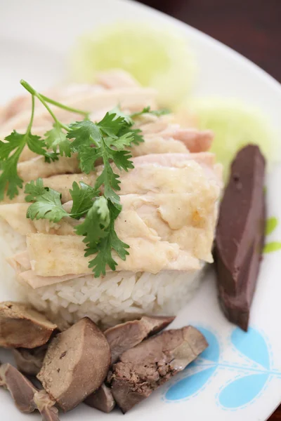 Ταϊλανδικό τροφίμων γκουρμέ στον ατμό κοτόπουλο με ρύζι, khao ΔΗΜ και στο wo — Φωτογραφία Αρχείου