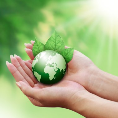 Human hands holding green globe with a leaf clipart