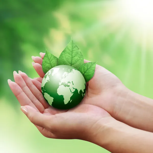 Menschenhände halten grünen Globus mit einem Blatt — Stockfoto