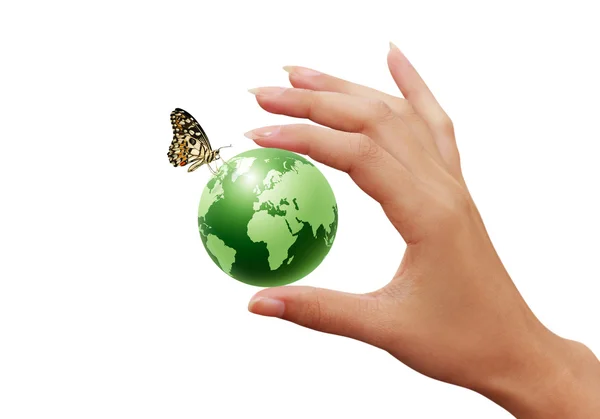 Grüne Weltkugel und Blatt haben Schmetterling in Frauenhand Stockfoto