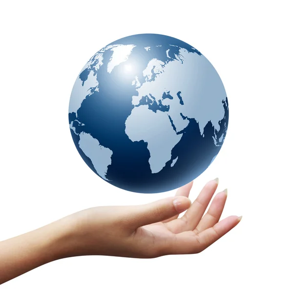 Blaue Weltkugel in Frauenhand Stockfoto